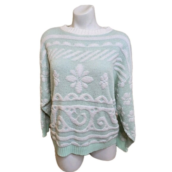 Vintage Beaucoup USA Made Mint Green White Metallic Floral Knit Pullover Sweater - Picture 2 of 12